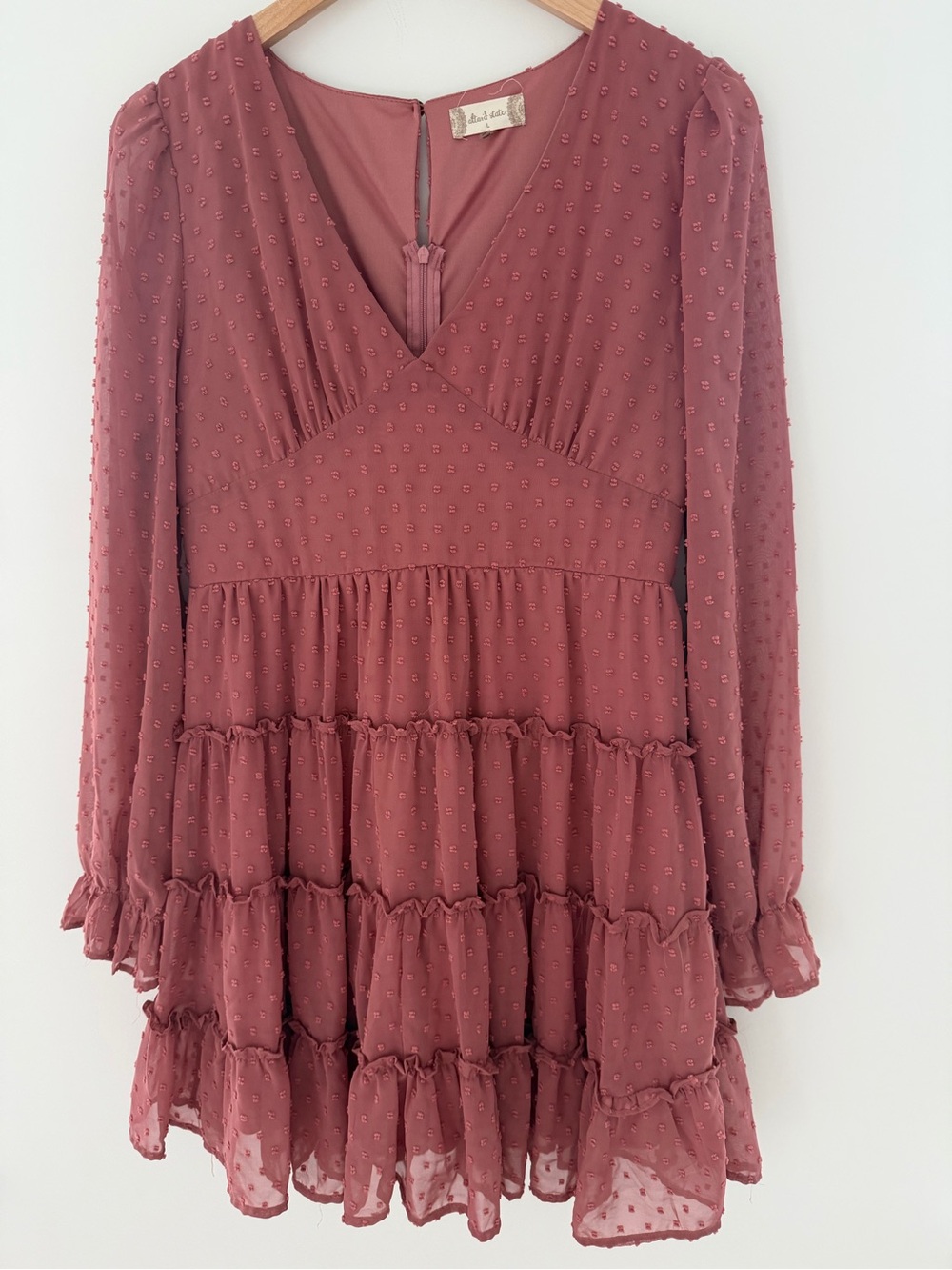 Altar'd State Mauve Swiss Dot Long Sleeve Tiered Mini Dress Size Large